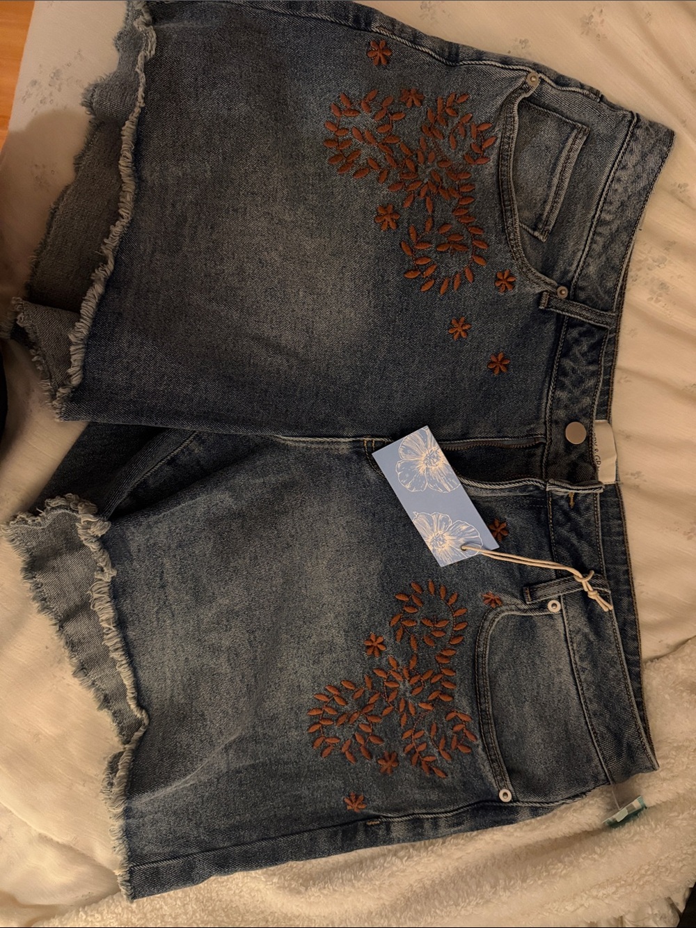 Embroidered Dark Blue Denim Shorts - Women Jeans